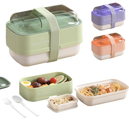 BRYN 1225 ml Brotdose mit Fächern, Lunchbox Bento Box Komprimierbare, Versiegelt Vesperbox mit Besteck für Picknick, Camping, Fitness, Schule, Büros (Grün) von BRYN