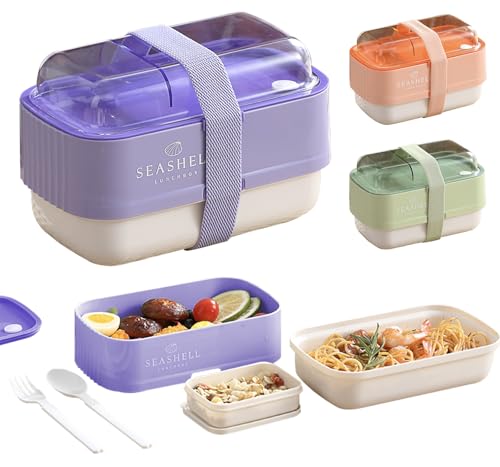 BRYN 1225 ml Brotdose mit Fächern, Lunchbox Bento Box Komprimierbare, Versiegelt Vesperbox mit Besteck für Picknick, Camping, Fitness, Schule, Büros (Lila) von BRYN