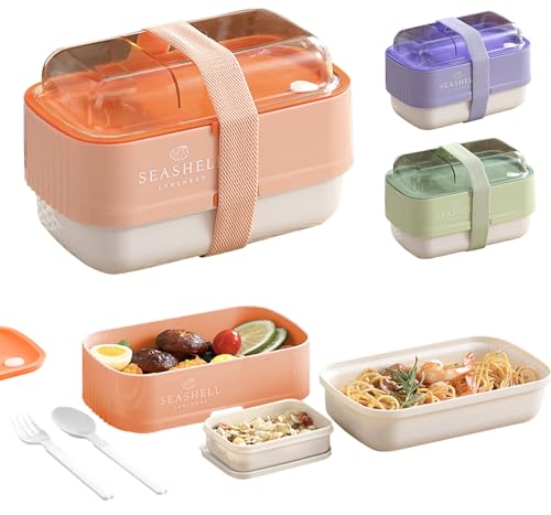 BRYN 1225 ml Brotdose mit Fächern, Lunchbox Bento Box Komprimierbare, Versiegelt Vesperbox mit Besteck für Picknick, Camping, Fitness, Schule, Büros (Orange) von BRYN