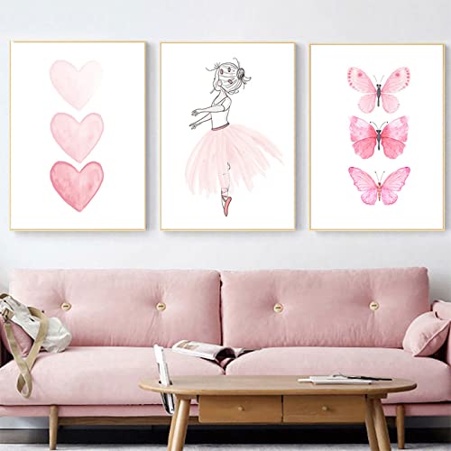 BRoleo Ballettmädchen-Drucke Kinderzimmer-Wandkunst Gemälde Schmetterlings-Leinwandposter rosa Druck nordische Wandbilder Baby- und Kinderzimmerdekoration ohne Rahmen von BRoleo