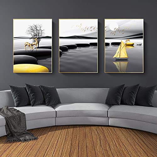 Moderne Landschaft Poster Schwarz Gelb Stein Boot Hirsch Wand Kunst Leinwand Malerei Nordic Druck Wand Bilder Wohnzimmer Dekoration/Kein Rahmen von BRoleo