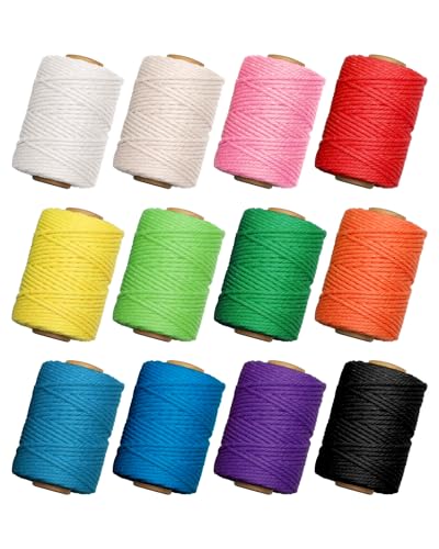 BS-VOG Buntes Makramee-Schnur Set, 3mm x 396 Yards, 12 Rollen 4-fädige Baumwollschnur für DIY-Bastelarbeiten, Wandbehänge, Aufbewahrungskörbe, Geschenkverpackung, Wohndekor und kreative Projekte von BS-VOG