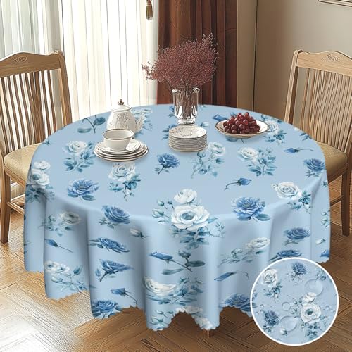 BSGIFT Runde Tischdecke mit Blumenmuster 150, Blau Blumen Gartentischdecke Rund Garten Tischdecken für Draußen Polyester Outdoor Abwaschbar Wetterfest Table Cloth für Küche Gartentisch Esstisch Party von BSGIFT