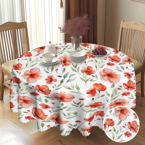 BSGIFT Runde Tischdecke mit Blumenmuster 150, Rote Blumen Gartentischdecke Rund Garten Tischdecken für Draußen Polyester Outdoor Abwaschbar Wetterfest Table Cloth für Küche Gartentisch Esstisch Party von BSGIFT