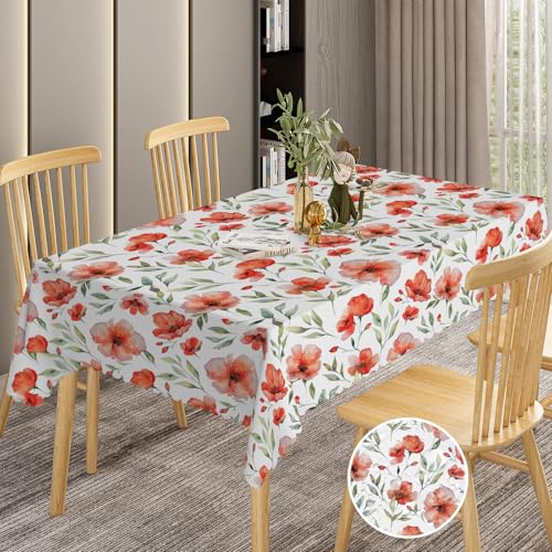 BSGIFT Tischdecke Floral Rechteckig 110x140 cm, Rote Blumen Garten Tischdecken für Draußen Polyester Outdoor Abwaschbar Gartentischdecke Eckig Wetterfest Table Cloth für Küche Garten Gartentisch Party von BSGIFT