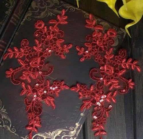 1 Paar/2 Stück 25 x 12,5 cm, Königsblau, Rot, Schwarz, Gold, bestickte Spitzenapplikation, Spitzenbesatz, Kleid, DIY-Spitzenzubehör, rot mit Pailletten von BSGUZ