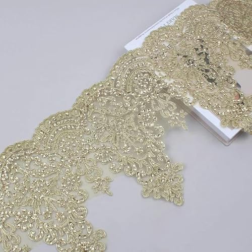 1 Yard, 25 cm breit, goldfarbener und elfenbeinfarbener Paillettenrand, Polyester-Stickerei-Spitzenbesatz für Brautkleid, Hochzeitskleid, Kostümdesign, Spitzenband-Gold-1 Ya von BSGUZ