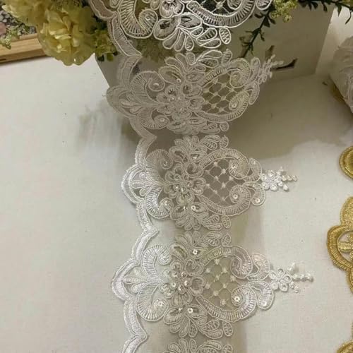 1 Yard Goldweißer Stoff mit Blumen-Pailletten, Netz-Spitzenbesatz, Applikation zum Nähen, Basteln für Braut, Hochzeitskleider, 15,5 cm Breite, Weiß von BSGUZ