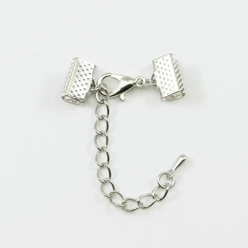 10–50 Stück Crimpperlen, Cove-Verschlüsse, Kordel-Endkappen, Schnurband, Lederclip, Foldover-Verbinder, Zubehör für DIY-Schmuckteile, Rhodium mit Kette, 13,0 mm von BSGUZ