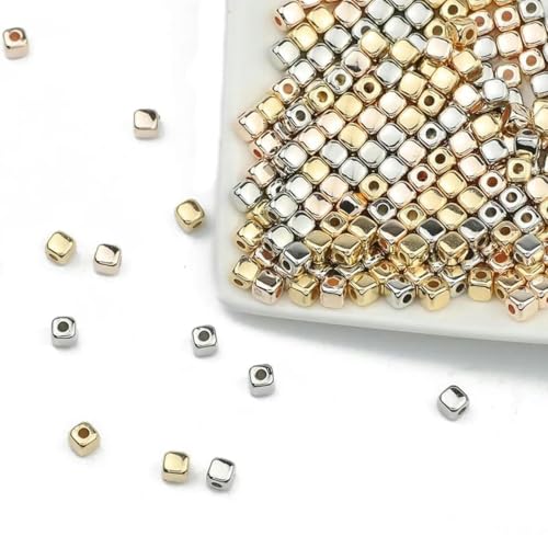 100–400 Stück goldfarbene Perlen 4 mm 6 mm CCB Würfel Krone Herz Anhänger Stern Abstandshalter lose Perlen für Liebesschmuck Herstellung von Armbändern DIY SR Würfel 4 mm gemischt-100 Stück von BSGUZ