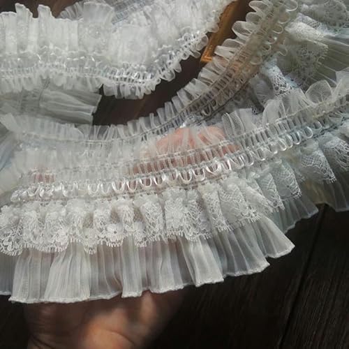 9 cm breit, wunderschöner, weiß-schwarzer Stretch-Spitzen-Chiffon-Stoff, Kleiderkragen, Rüschenbesatz, Band zum Selbernähen, Hochzeit, GuiLace-Dekor, weiß von BSGUZ