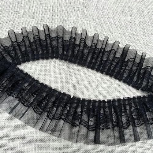 Günstiges, 8 cm breites, schwarz-weißes Netz-Pailletten-Tüll-Stickerei-Band mit doppelt laminierter Falten-Spitzenbesatz-Applikation, Stoffband, schwarz, 1 Yard von BSGUZ