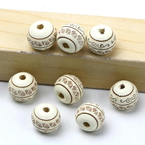 Natürliche Holzperlen, 10 mm, lose, farbige Holzperlen, geschnitztes dekoratives Muster, runde Kugeln, Perlen zur Schmuckherstellung, DIY-Zubehör, Beige, 10 mm, 10 Stück von BSGUZ