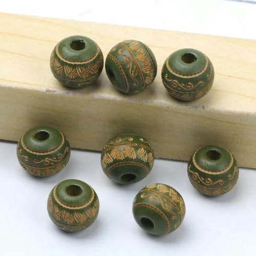 Natürliche Holzperlen, 10 mm, lose, farbige Holzperlen, geschnitztes dekoratives Muster, runde Kugeln, Perlen zur Schmuckherstellung, DIY-Zubehör, Dunkelgrün, 10 mm, 10 Stück von BSGUZ