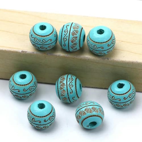 Natürliche Holzperlen, 10 mm, lose, farbige Holzperlen, geschnitztes dekoratives Muster, runde Kugeln, Perlen zur Schmuckherstellung, DIY-Zubehör, Hellblau, 10 mm, 10 Stück von BSGUZ