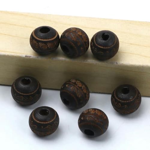 Natürliche Holzperlen, 10 mm, lose, farbige Holzperlen, geschnitztes dekoratives Muster, runde Kugeln, Perlen zur Schmuckherstellung, DIY-Zubehör, Kaffeebraun, 10 mm, 10 Stück von BSGUZ