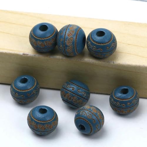 Natürliche Holzperlen, 10 mm, lose, farbige Holzperlen, geschnitztes dekoratives Muster, runde Kugeln, Perlen zur Schmuckherstellung, DIY-Zubehör, Königsblau, 10 mm, 10 Stück von BSGUZ