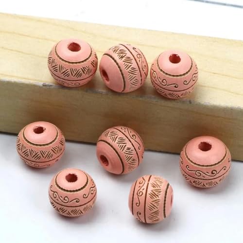 Natürliche Holzperlen, 10 mm, lose, farbige Holzperlen, geschnitztes dekoratives Muster, runde Kugeln, Perlen zur Schmuckherstellung, DIY-Zubehör, Rosa, 10 mm, 10 Stück von BSGUZ