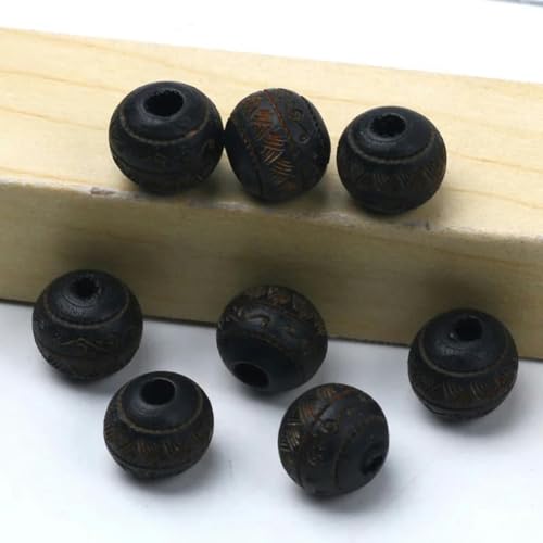 Natürliche Holzperlen, 10 mm, lose, farbige Holzperlen, geschnitztes dekoratives Muster, runde Kugeln, Perlen zur Schmuckherstellung, DIY-Zubehör, Schwarz, 10 mm, 10 Stück von BSGUZ