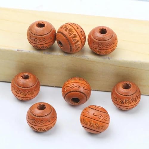 Natürliche Holzperlen, 10 mm, lose, farbige Holzperlen, geschnitztes dekoratives Muster, runde Kugeln, Perlen zur Schmuckherstellung, DIY-Zubehör, braun, 10 mm, 10 Stück von BSGUZ