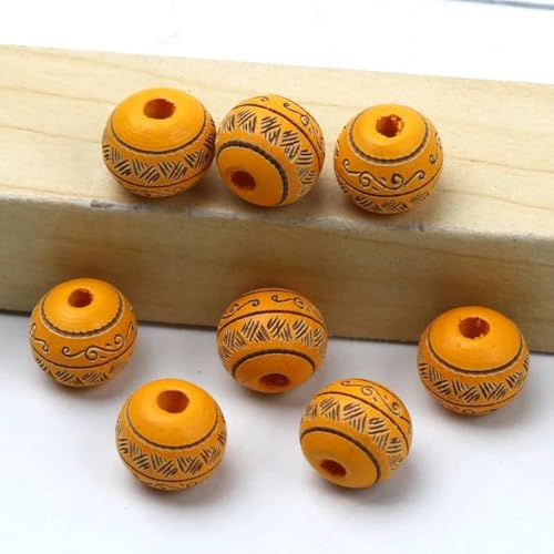 Natürliche Holzperlen, 10 mm, lose, farbige Holzperlen, geschnitztes dekoratives Muster, runde Kugeln, Perlen zur Schmuckherstellung, DIY-Zubehör, gelb, 10 mm, 10 Stück von BSGUZ