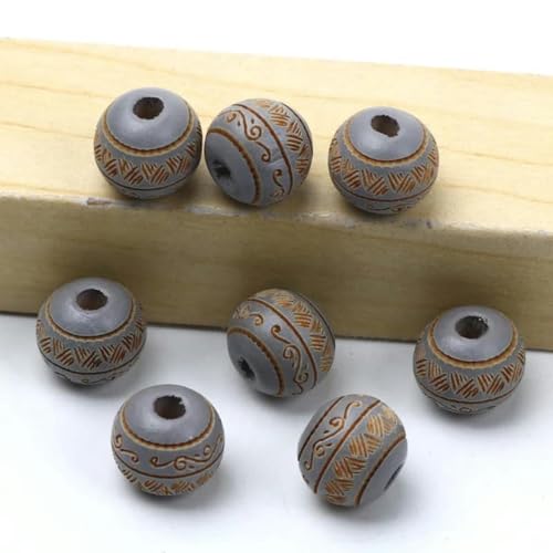 Natürliche Holzperlen, 10 mm, lose, farbige Holzperlen, geschnitztes dekoratives Muster, runde Kugeln, Perlen zur Schmuckherstellung, DIY-Zubehör, grau, 10 mm, 10 Stück von BSGUZ