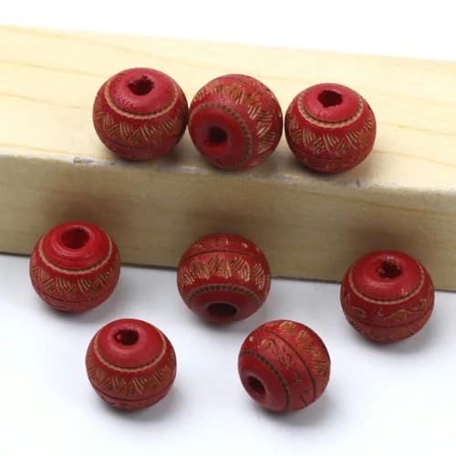 Natürliche Holzperlen, 10 mm, lose, farbige Holzperlen, geschnitztes dekoratives Muster, runde Kugeln, Perlen zur Schmuckherstellung, DIY-Zubehör, rot, 10 mm, 10 Stück von BSGUZ