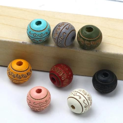 Natürliche Holzperlen, 10 mm, lose, farbige Holzperlen, geschnitztes dekoratives Muster, runde Kugeln, Perlen zur Schmuckherstellung, DIY-Zubehör – Mix – 10 mm, 10 Stück von BSGUZ