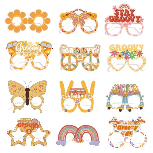 BSITSSS 12 Stück Groovy Hippie Thema Papier Partybrillen, Hippie Boho Blume Papier Party Brillen, Retro Disco Partybrille, Lustige Party Glasses, Party Brille Groovy Thema Dekoration von BSITSSS