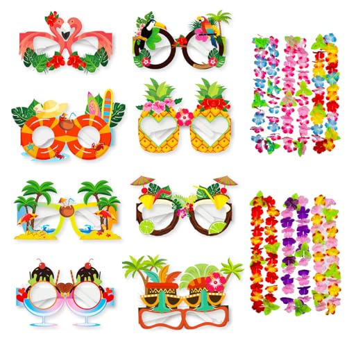 BSITSSS 8 x Hawaiian Papier Brille and 6 x Hawaii Kette Blumen, Tropical Hawaiian Party Brillen Lustig, Papier Partybrillen, Papier Strand Party Brille, Beach Party Accessoires für Kinder Erwachsene von BSITSSS