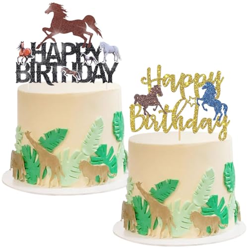 BSNRDX 2 Pcs Happy Birthday Cake Toppers Glitter Horse Cake Toppers Set Horse Theme Cake Decorations Kids Party Supplies for Baby Shower von BSNRDX