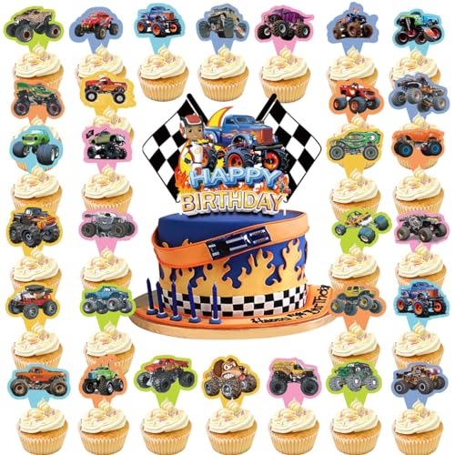 BSNRDX 31 Stück LKW Kuchenaufsatz Marmelade Geburtstag Zubehör für LKW Thema Geburtstag Babyparty Hochzeit Geburtstag Party Dekorationen, LKW Kuchen Dekoration Auto Party Zielflagge Cupcake Topper von BSNRDX