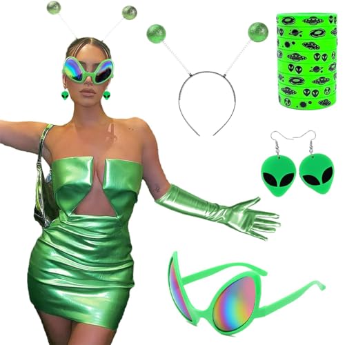 BSNRDX Alien Kostüm Set, Alien Haarreif Alien Brille Alien Ohrringe Silikonarmband Party Atmosphären-Requisiten für Damen Verkleidung Erwachsene Kostüm Zubehör von BSNRDX