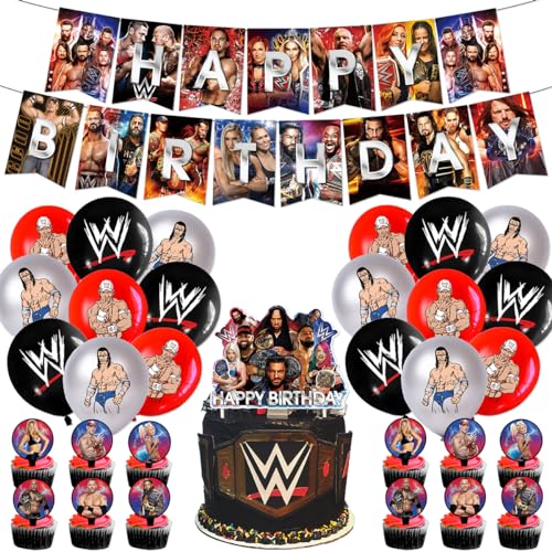 BSNRDX Wrestlinss Thema Geburtstag Party Dekorationen Wrestlinss Party Supplies Happy Birthday Banner Luftballons Kuchen Topper Cupcake Topper für Kinder Geburtstag Party Dekor von BSNRDX