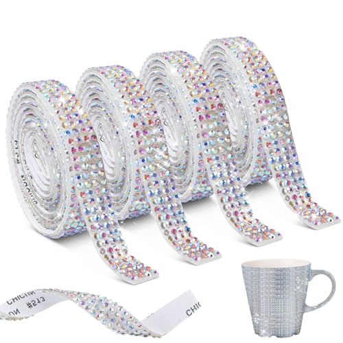 Strassband Selbstklebend Selbstklebende Kristall 4 Reihen 0.9cm Kristall Strassband 4 Rollen Glitzerband Hohe Temperaturbeständigkeit und Stabile Haftung Für Handwerk Hochzeit Party Dekoration von BSTDAYEVER