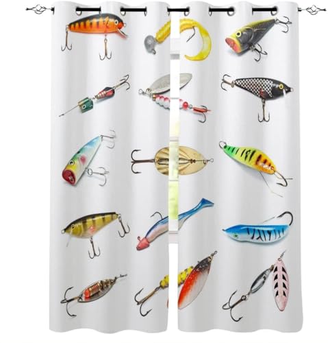 BSYYZQC Fischhaken Verdunkelungsvorhang, Vorhang Blickdicht Fisch Vorhänge mit Ösen, Gardinen Verdunklungsvorhänge für Wohnzimmer Schlafzimmer Kinderzimmer 2er Set 145x140cm (HxB) von BSYYZQC