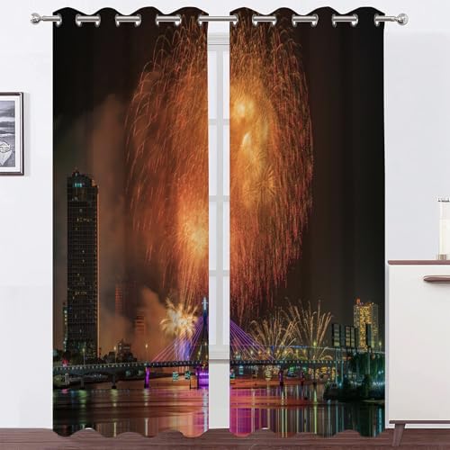 BSYYZQC Stadt Gardinen, Verdunklungsvorhänge Feuerwerk Schallschutz Vorhang, Blickdicht Vorhänge mit Ösen, Vorhänge Wohnzimmer für Schlafzimmer Kinderzimmer 2er Set 175x140cm (HxB) von BSYYZQC