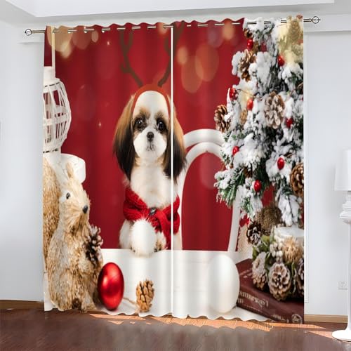 BSYYZQC Weihnachten Gardinen, Verdunklungsvorhänge Hunde Schallschutz Vorhang, Blickdicht Vorhänge mit Ösen, Vorhänge Wohnzimmer für Schlafzimmer Kinderzimmer 2er Set 175x140cm (HxB) von BSYYZQC