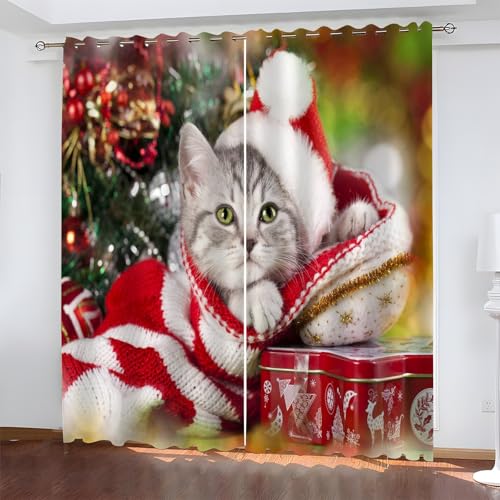 BSYYZQC Weihnachten Gardinen, Verdunklungsvorhänge Katzen Schallschutz Vorhang, Blickdicht Vorhänge mit Ösen, Vorhänge Wohnzimmer für Schlafzimmer Kinderzimmer 2er Set 175x140cm (HxB) von BSYYZQC