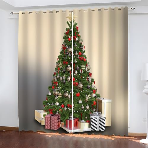 BSYYZQC Weihnachten Gardinen, Verdunklungsvorhänge Weihnachtsbaum Schallschutz Vorhang, Blickdicht Vorhänge mit Ösen, Vorhänge Wohnzimmer für Schlafzimmer Kinderzimmer 2er Set 175x140cm (HxB) von BSYYZQC