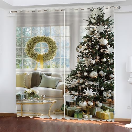 BSYYZQC Weihnachten Gardinen, Verdunklungsvorhänge Weihnachtsbaum Schallschutz Vorhang, Blickdicht Vorhänge mit Ösen, Vorhänge Wohnzimmer für Schlafzimmer Kinderzimmer 2er Set 175x140cm (HxB) von BSYYZQC