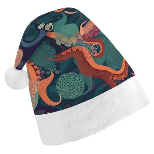 BTCOWZRV Abstrakte Oktopus-Weihnachtsmütze, Unisex, Samt, Weihnachtsmannmütze, Weihnachtsmütze für Erwachsene, Neujahr, Party, Kopfbedeckung von BTCOWZRV