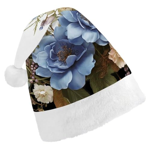 BTCOWZRV Blaue Blumen und Libelle, Weihnachtsmütze, Unisex, Samt, Weihnachtsmannmütze, Weihnachtsmütze für Erwachsene, Neujahr, Party, Kopfbedeckung von BTCOWZRV