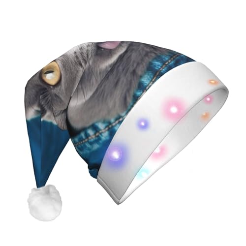 BTCOWZRV Blaue Katze, die heraussteht, LED-beleuchtete Weihnachtsmütze für Erwachsene, Weihnachtsmannmütze für den Winter, Weihnachten, Partyzubehör von BTCOWZRV