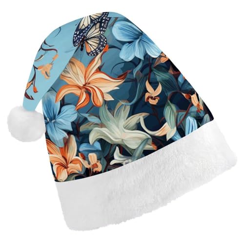 BTCOWZRV Blaue Schmetterlings-Weihnachtsmütze, Unisex, Samt, Weihnachtsmannmütze, Weihnachtsmütze für Erwachsene, Neujahr, Party, Kopfbedeckung von BTCOWZRV