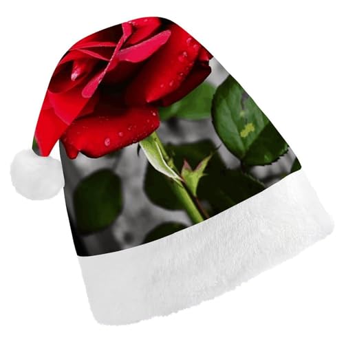 BTCOWZRV Blooms Weihnachtsmütze mit roter Rose, Uni, Samt, Weihnachtsmannmütze, Weihnachtsmütze für Erwachsene, Neujahr, Party, Kopfbedeckung von BTCOWZRV