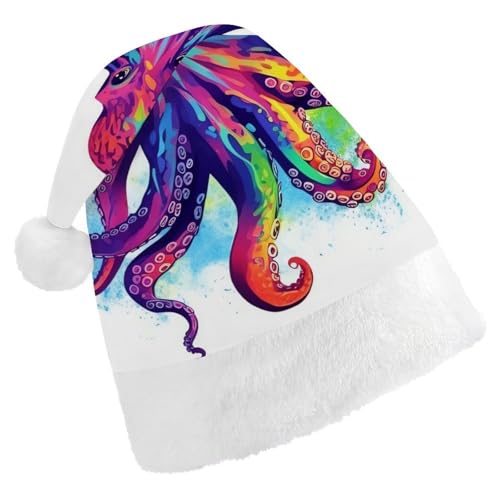 BTCOWZRV Bunte Oktopus-Weihnachtsmütze, Unisex, Samt, Weihnachtsmannmütze, Weihnachtsmütze für Erwachsene, Neujahr, Party, Kopfbedeckung von BTCOWZRV