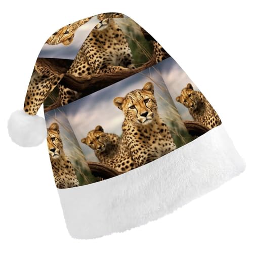 BTCOWZRV Coole Leoparden-Weihnachtsmütze, Unisex, Samt, Weihnachtsmannmütze, Weihnachtsmütze für Erwachsene, Neujahr, Party, Kopfbedeckung von BTCOWZRV