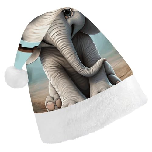 BTCOWZRV Grauer Elefant, Weihnachtsmütze, Unisex, Samt, Weihnachtsmannmütze, Weihnachtsmütze für Erwachsene, Neujahr, Party, Kopfbedeckung von BTCOWZRV