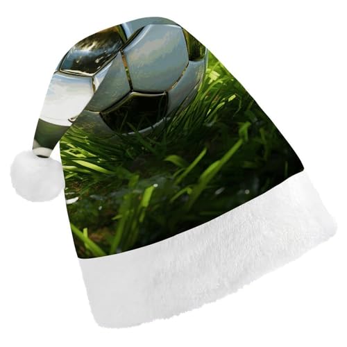 BTCOWZRV Green Grass Fußball-Weihnachtsmütze, Unisex, Samt, Weihnachtsmannmütze, Weihnachtsmütze für Erwachsene, Neujahr, Party, Kopfbedeckung von BTCOWZRV